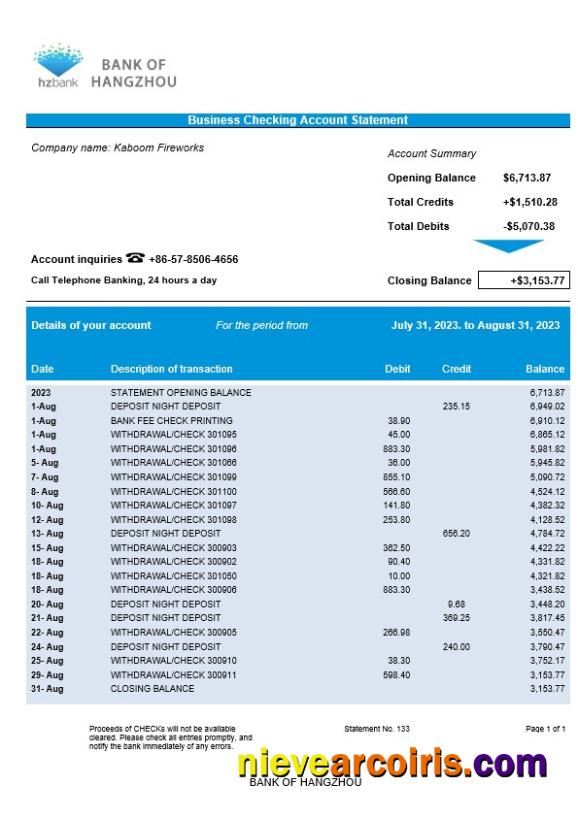 Bank of Hangzhou company statement